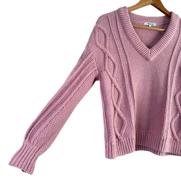 Madewell Pink Augustus Cable Knit V-Neck Sweater‎ 100% Cotton, Size XS - Picture 8 of 12